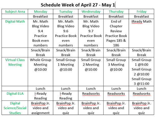 Schedule Week of April 27 Schedule Week of April 27